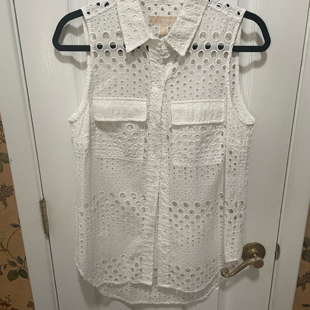 MICHAEL Michael Kors White Eyelet Button Down Shirt Sleeveless